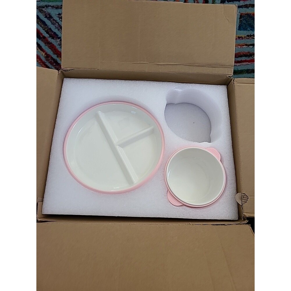 Domensi Kids Porcelain Plates with Bowl Set Anti-Slip Silicone Pink/Cream 2pc